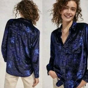 Anthropologie Pilcro Top Blouse Size 8 Women Blue Mara Relaxed Velvet Button